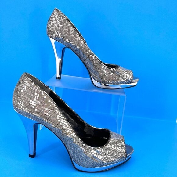 Nine West Shoes - NWT NINE WEST METALLIC SILVER HEEL SEQUIN OPEN TOE HEELS - 7